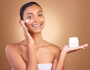 Sticker - Skincare beauty, sunscreen product and portrait of a happy woman with cosmetic and spa cream. Isolated, studio background and young model with a smile from face cleaning, cosmetics and dermatology