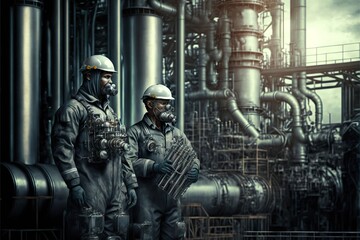 Poster - Workers at chemical industry plant working with pipes and machinery, created with generative ai