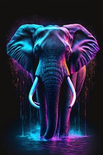 Illustration Of An Elephant Illuminated With Neon Light And The Dark Background. AI Generated