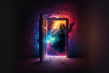 Graphic Design Art Of Opened Door Surrounded With Clouds In Dark Room To Colourful Galaxy In Space With Bright Stars In Fantasy World