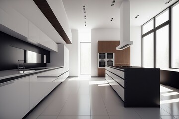 Generative AI illustration of modern kitchen with black and white minimalist furniture placed against windows in spacious light apartment