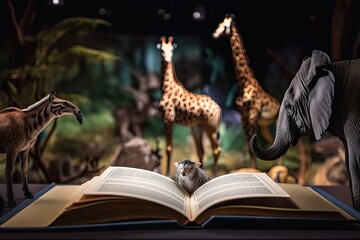 An open book with animals sitting on the pages
