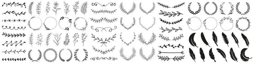 Floral frame, tree branch, feather, laurel wreath vintage design elements decoration