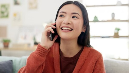 Aufkleber - Woman, face with phone call and communication, talking with energy and excited with technology at home. Conversation, network and contact, Asian female in living room, happiness and discussion