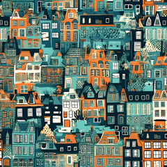  Netherlands houses set. Seamless pattern. Doodle background. Wrapping with amsterdam houses, urban style design. Amsterdam panorama backdrop. Wallpaper, good for printing. Generative ai.