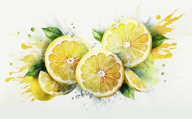 Drawn lemon on white background watercolor tropical fruit organic food illustrations Generative AI