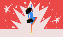 Woman Breaking Glass Ceiling. Women Power. Femake Career Success Concept. Vector Illustration. 