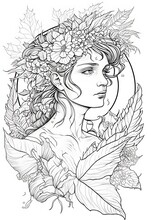 Forest Fairy With Beautiful Flowers For Coloring Book For Adult, Black And White, Creative Design. AI Generated