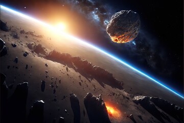 Wall Mural - huge meteorite falling to earth and apocalyptic picture of armageddon, created with generative ai