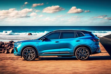 Wall Mural - Bright blue car standing on beach against clear sky, created with generative ai