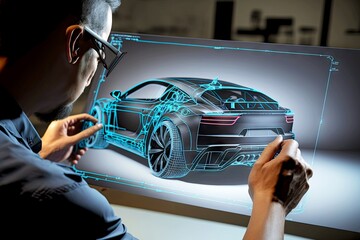 Poster - Automotive industry designer draws and develops new model of modern sports car, created with generative ai