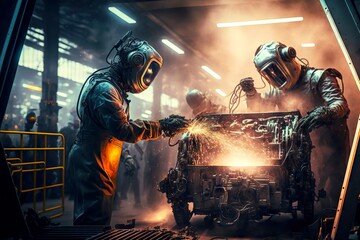 Poster - Workers in automotive industry are engaged in welding car parts, created with generative ai