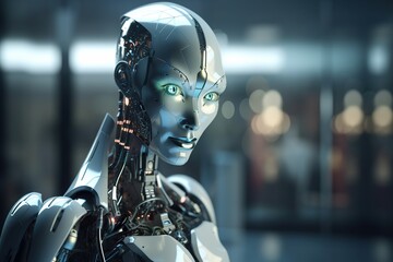 Poster - A Robot With Glowing Eyes And A Green Eye Looks At The Camera Workshop Stereoscopic Photography Robotics Engineering Generative AI 