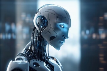 Poster - A Robot With Glowing Eyes And A Head In A Futuristic City Workshop Animation Robotics Engineering Generative AI 