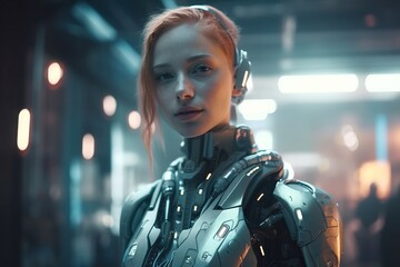 Poster - A Woman In A Futuristic Suit Standing In A Hallway With A Robot Suit On Marina Photorealism Artificial Intelligence Generative AI 
