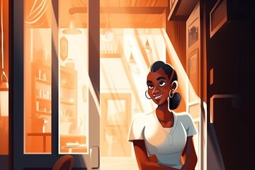 Poster - A Woman Is Sitting On A Bus Looking Out The Window At The Sun Coffee Shop Animation Digital Illustration Generative AI 
