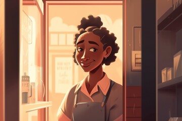 Poster - A Woman Standing In A Kitchen With A Clipboard In Her Hand Coffee Shop Animation Digital Illustration Generative AI 