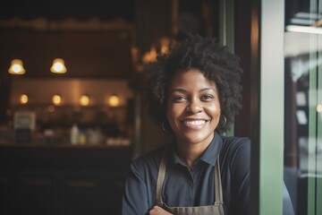 Poster - A Woman With An Apron Smiling At The Camera In A Restaurant Coffee Shop Advertising Photography Entrepreneurial Finance Generative AI 