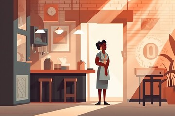 Poster - A Woman Standing In A Room With A Table And A Lamp Coffee Shop Animation Set Design
