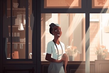 Poster - A Woman Standing In Front Of A Window With A Light Shining On Her Coffee Shop Animation Animation Filmmaking Generative AI 