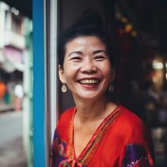 Poster - A Woman Smiling And Looking Out A Window With A Blue Wall Car Repair Shop Portrait Photography Portrait Photography Generative AI 