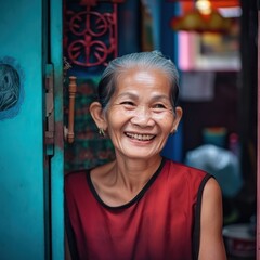 Poster - A Woman With A Smile On Her Face Standing In Front Of A Door Car Repair Shop Portrait Photography Portrait Photography Generative AI 