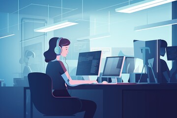 Poster - A Woman Sitting At A Desk With A Computer And Headphones Newsroom Animation Motion Graphics Generative AI 