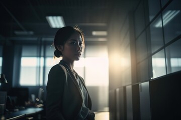 Poster - A Woman Standing In A Dark Room With Sunlight Coming Through The Windows Law Office Advertising Photography Entrepreneurial Finance Generative AI 