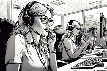 Poster - A Woman Wearing Headphones And A Headset Is Sitting In Front Of A Computer Conference Room Advertising Photography Customer Service Generative AI 