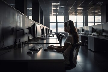 Poster - A Woman Sitting At A Desk With Headphones On Her Ears Library Graphic Design Employee Training And Development Generative AI 
