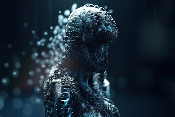 Fototapete - A Futuristic Woman With A Futuristic Head And Body In The Background Factory Kinetic Art Artificial Intelligence Generative AI 
