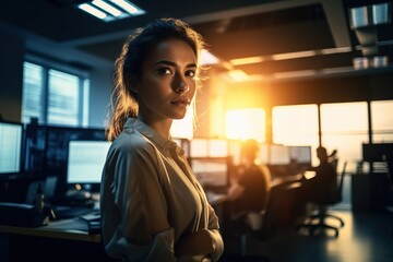 Poster - A Woman Standing In An Office With A Lot Of Computers On The Desk Modern City Skyline In The Morning With Sunrise Advertising Photography Career Development Generative AI 
