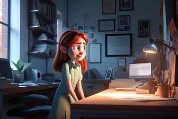 Poster - A Cartoon Girl Sitting At A Desk In A Room With A Computer Law Office Animation Animation Filmmaking Generative AI 