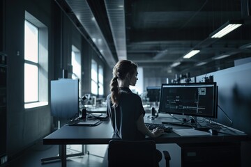 Fototapete - A Woman Sitting At A Desk With A Computer In Front Of Her Newsroom Advertising Photography Manufacturing Planning And Control Generative AI 