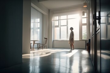 Poster - A Person Standing In A Room With A Chair And A Table Dance Studio Fine Art Photography Interior Photography Generative AI 