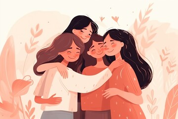 Poster - Three Women Hugging Each Other With A Plant In The Background And A Heart In The Middle Hostel Animation Friendship Generative AI 