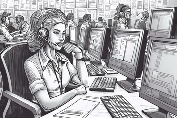 Poster - A Woman Sitting At A Desk With Multiple Computer Monitors And Keyboards Newsroom Animation Customer Service Generative AI 