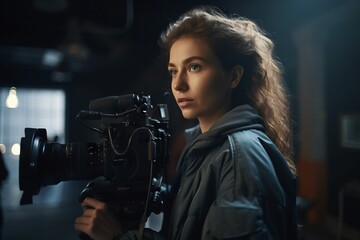 Poster - A Woman Holding A Camera In A Dark Room With A Light Tv Studio Advertising Photography Video Marketing Generative AI 