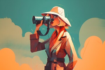 Poster - A Woman In A Hat And Scarf Holding A Camera And Looking Through A Telescope Savanna Art Deco Digital Illustration Generative AI 