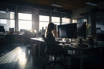 Poster - A Woman Sitting At A Desk In Front Of A Computer Monitor Modern City Skyline At Blue Hour With Advertising Photography Workplace Wellness Generative AI 