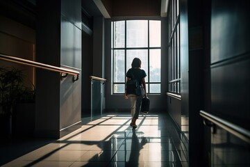 Poster - A Woman Walking Down A Hallway With A Suitcase In Her Hand Hostel Travel Photography Solo Travel Generative AI 