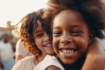Poster - Two Young Girls Are Smiling And Hugging Each Other While They Are Outside Urban Park At Golden Hour Portrait Photography Nonprofit Organizations Generative AI 