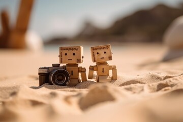 Poster - A Couple Of Small Wooden People Standing Next To A Camera On A Beach Beach Travel Photography Travel Photography Generative AI 