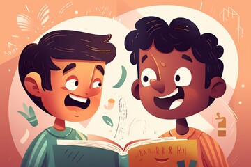 Poster - Two Men Are Reading A Book Together And Laughing Together With A Butterfly Flying Overhead Library Typography Literacy Education Generative AI 