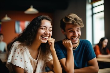 Poster - A Man And A Woman Sitting At A Table Laughing Together In A Restaurant Sports Bar Portrait Photography Employee Training And Development Generative AI 