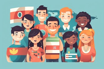 Poster - A Group Of People Standing Together With Flags In The Background Of A Map Classroom Graphic Design Diversity And Inclusion Generative AI 