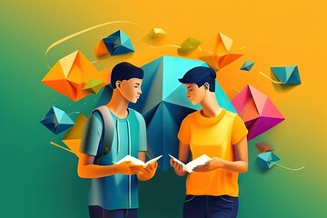 Poster - Two Men Standing Next To Each Other With Paper Origami Workshop Graphic Design Infographic Design Generative AI 