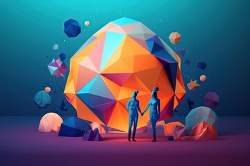 Poster - Two People Standing In Front Of A Large Colorful Object With Geometric Shapes Lunar Landscape Video Art Motion Graphics Generative AI 