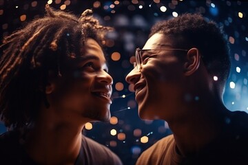 Poster - Two Men Laughing Together In Front Of A Window With Lights In The Background Arcade Long Exposure Photography Diversity And Inclusion Generative AI 