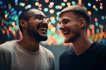 Poster - Two Men Laughing Together In Front Of A Christmas Light Display In A Dark Room Zoo Portrait Photography Diversity And Inclusion Generative AI 